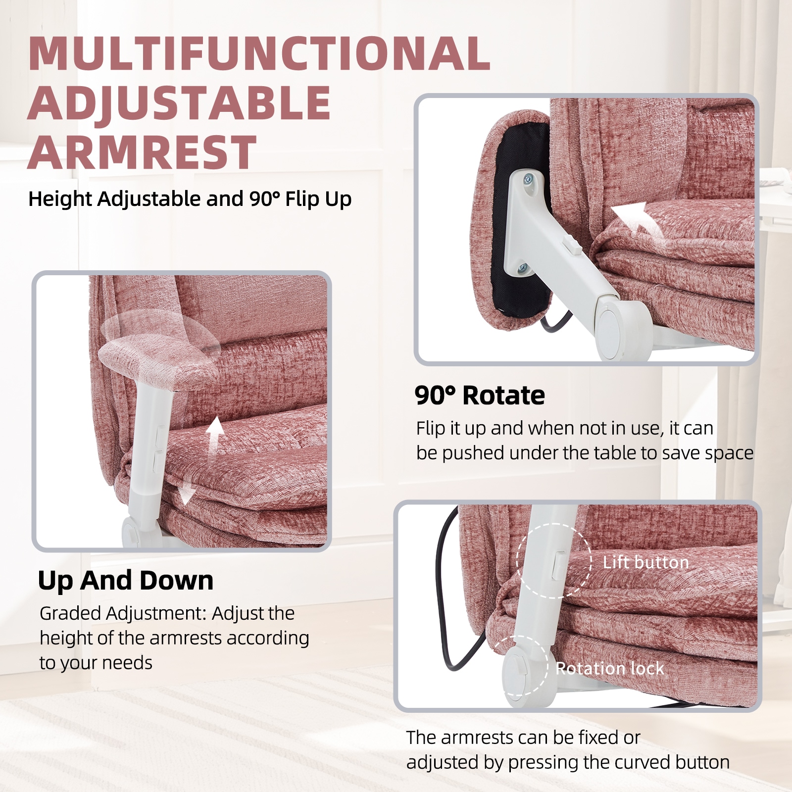 Criss Cross Chair With Wheels And Flip Arms, Upholstered Cross Legged Office Chair With 3 Layer Cushions&Dynamic Airbag Lumbar Support, Wide Seat Comfy Desk Chair For Home Office, Living Room, Pink_maomaolike.com